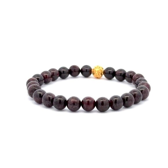 18K Gold Ball Coin Lucky Charm Bracelet Natural Garnet Gemstones 5.5-6mm - Picture 3 of 9